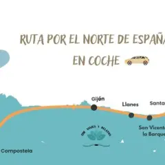 Mapa de una ruta por el norte de España en coche, con paradas en La Coruña, Santiago de Compostela, Gijón, Llanes, Santander, San Vicente de la Barquera y Bilbao.