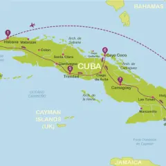 Mapa de Cuba con ruta de viaje: Pinar del Río, La Habana, Cayo Coco, Trinidad, Santiago. Ideal para viajar a Cuba por libre.
