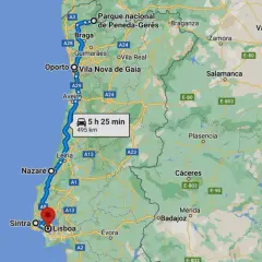 Mapa de una ruta por Portugal, desde el norte (cerca de Braga) hasta Lisboa, pasando por Oporto y Nazaré. El trayecto dura 5h 25min y recorre 495 km.
