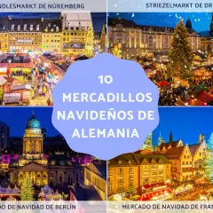 Imágenes de mercados de Navidad en Alemania: Nuremberg, Dresde, Berlín y Frankfurt. Luces, árboles y puestos festivos crean un ambiente mágico.