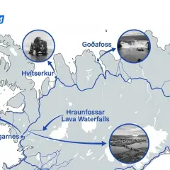 Mapa de una ruta por Islandia, mostrando Hvítserkur, Goðafoss, Hraunfossar y Borgarnes.