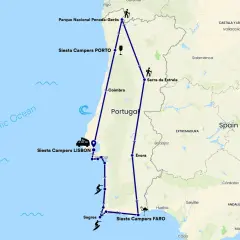 Mapa de una ruta para viajar a Portugal en coche, visitando Oporto, Lisboa, Faro y el Parque Nacional Peneda-Gerês.