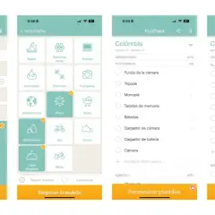 Pantallas de apps de viajes para planificar equipaje. Muestra destinos, actividades como senderismo y playa, y listas de artículos.