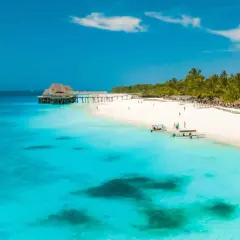 Playa paradisíaca en Tanzania en agosto. Aguas turquesas, arena blanca, palmeras y un muelle con un restaurante.