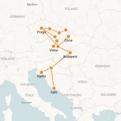 Mapa de ruta que conecta Praga, Viena y Budapest, con paradas en Zilina, Rijeka y Split.