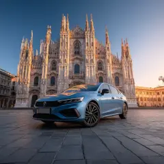 Un coche azul aparcado frente al Duomo de Milán. ¡Consejos para alquilar coche en Italia!