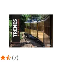 Un tren de madera recorre un paisaje verde. El título "Trenes por España" sugiere un viaje inolvidable.