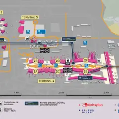 Mapa del aeropuerto Charles de Gaulle con terminales, parkings, lanzaderas CDGVAL, RER B, TGV y autobuses.