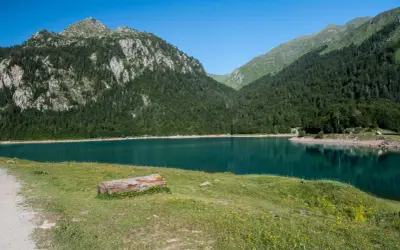 Paisaje sereno de los lagos de Ayous, con montañas cubiertas de pinos y un lago turquesa.