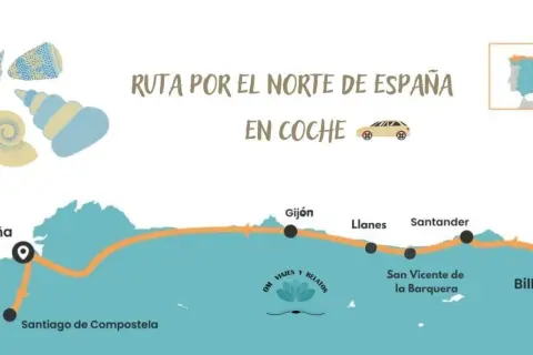 Mapa de una ruta por el norte de España en coche, con paradas en La Coruña, Santiago de Compostela, Gijón, Llanes, Santander, San Vicente de la Barquera y Bilbao.