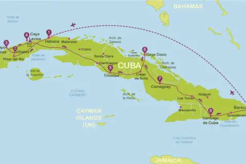 Mapa de Cuba con ruta de viaje: Pinar del Río, La Habana, Cayo Coco, Trinidad, Santiago. Ideal para viajar a Cuba por libre.