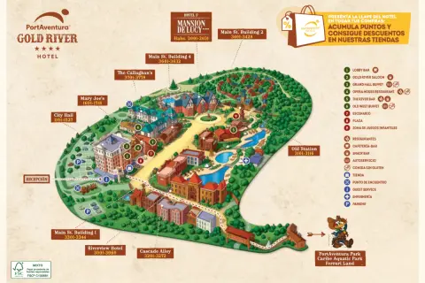Mapa del hotel Gold River, con edificios, piscinas y atracciones. Incluye el lobby bar, salones y restaurantes.