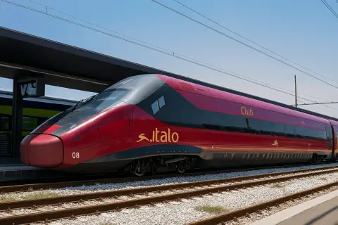 El tren Italo rojo, listo para el viaje de Roma a Florencia, espera en la estación.