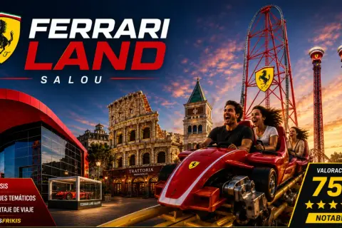 Pareja emocionada en una montaña rusa en Ferrari Land, cumpliendo sus flying dreams. El parque temático de Salou ofrece adrenalina y diversión.