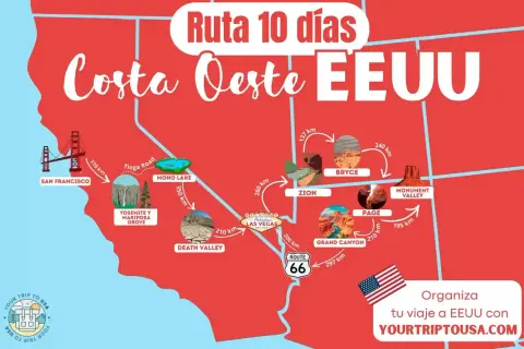 Mapa de la ruta 10 días por la costa oeste de EEUU, con San Francisco, Yosemite, Las Vegas, Zion, Bryce, Page, Grand Canyon y Monument Valley.