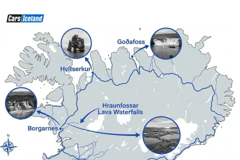 Mapa de una ruta por Islandia, mostrando Hvítserkur, Goðafoss, Hraunfossar y Borgarnes.