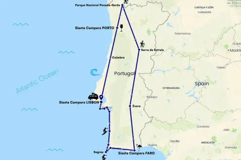 Mapa de una ruta para viajar a Portugal en coche, visitando Oporto, Lisboa, Faro y el Parque Nacional Peneda-Gerês.