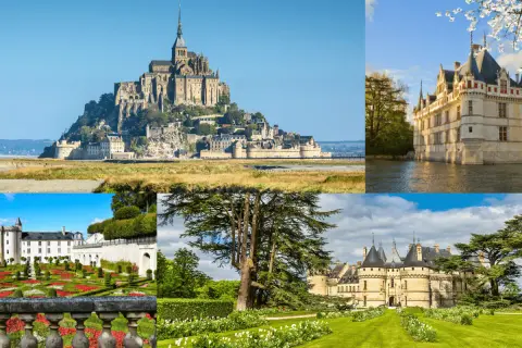 Mont Saint-Michel y otros castillos icónicos de la ruta de los castillos Francia, con jardines y paisajes impresionantes.