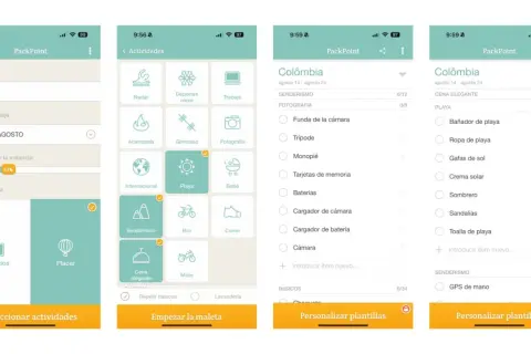 Pantallas de apps de viajes para planificar equipaje. Muestra destinos, actividades como senderismo y playa, y listas de artículos.