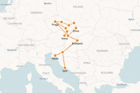 Mapa de ruta que conecta Praga, Viena y Budapest, con paradas en Zilina, Rijeka y Split.