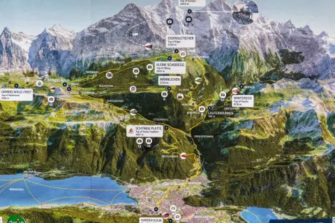 Mapa de la región de Jungfrau, Suiza, con rutas de tren y teleférico, picos como Eiger y Jungfraujoch, y pueblos como Grindelwald e Interlaken. ¡Qué ver en Suiza!