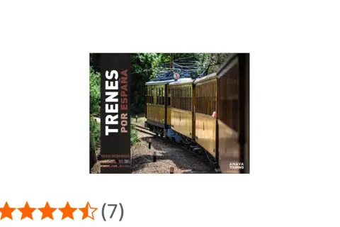 Un tren de madera recorre un paisaje verde. El título "Trenes por España" sugiere un viaje inolvidable.