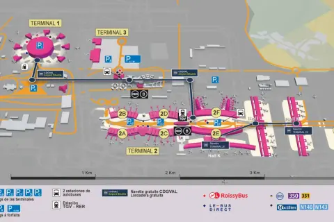 Mapa del aeropuerto Charles de Gaulle con terminales, parkings, lanzaderas CDGVAL, RER B, TGV y autobuses.