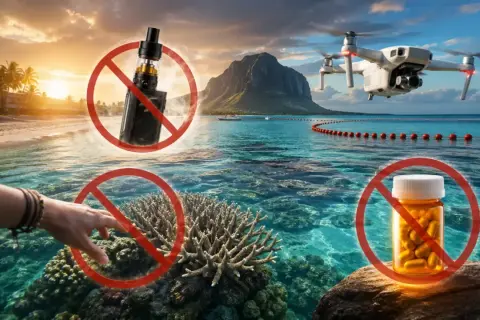 Prohibido vapear, tocar corales y traer drones o pastillas. Protege la belleza de Isla Mauricio de estos peligros.