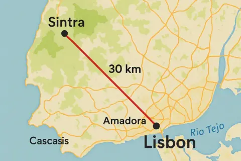 Mapa muestra cómo ir de Lisboa a Sintra, 30 km. Incluye Amadora y el río Tajo.