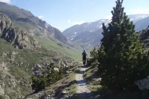 Senderista explora las impresionantes rutas del Vall de Núria, rodeado de montañas verdes y picos nevados.