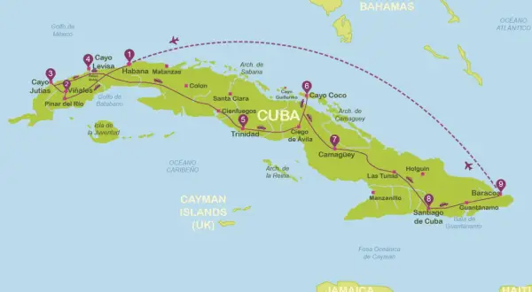 Mapa de Cuba con ruta de viaje: Pinar del Río, La Habana, Cayo Coco, Trinidad, Santiago. Ideal para viajar a Cuba por libre.