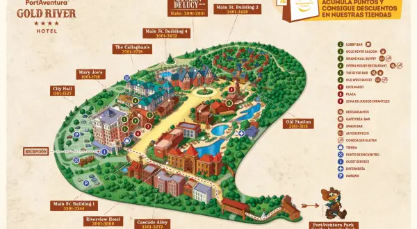 Mapa del hotel Gold River, con edificios, piscinas y atracciones. Incluye el lobby bar, salones y restaurantes.