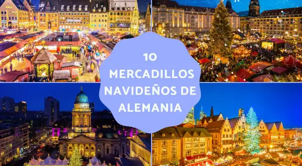 Imágenes de mercados de Navidad en Alemania: Nuremberg, Dresde, Berlín y Frankfurt. Luces, árboles y puestos festivos crean un ambiente mágico.