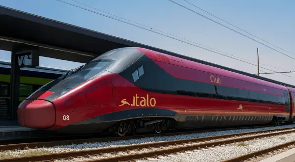 El tren Italo rojo, listo para el viaje de Roma a Florencia, espera en la estación.