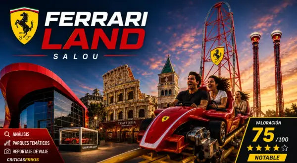 Pareja emocionada en una montaña rusa en Ferrari Land, cumpliendo sus flying dreams. El parque temático de Salou ofrece adrenalina y diversión.
