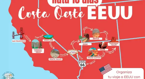 Mapa de la ruta 10 días por la costa oeste de EEUU, con San Francisco, Yosemite, Las Vegas, Zion, Bryce, Page, Grand Canyon y Monument Valley.