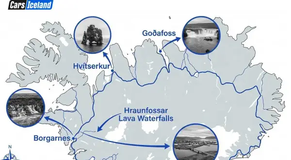 Mapa de una ruta por Islandia, mostrando Hvítserkur, Goðafoss, Hraunfossar y Borgarnes.