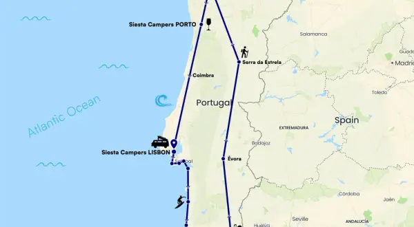 Mapa de una ruta para viajar a Portugal en coche, visitando Oporto, Lisboa, Faro y el Parque Nacional Peneda-Gerês.