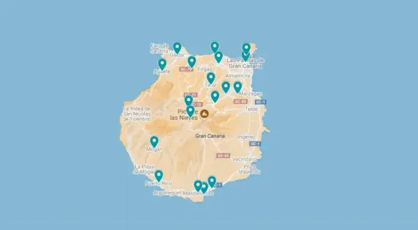Mapa interactivo con puntos de interés para saber qué ver en Las Palmas de Gran Canaria en 7 días, incluyendo Agaete, Teror y Mogán.