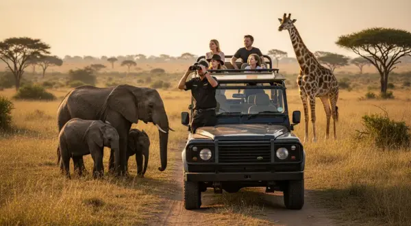 Una familia disfruta de safaris en África, observando elefantes y una jirafa al atardecer desde un jeep.
