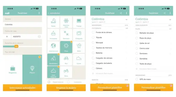 Pantallas de apps de viajes para planificar equipaje. Muestra destinos, actividades como senderismo y playa, y listas de artículos.