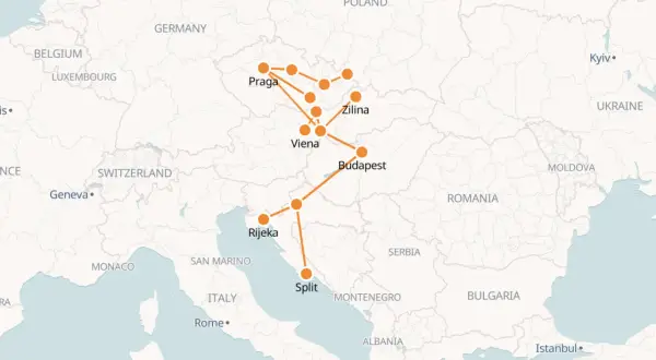 Mapa de ruta que conecta Praga, Viena y Budapest, con paradas en Zilina, Rijeka y Split.