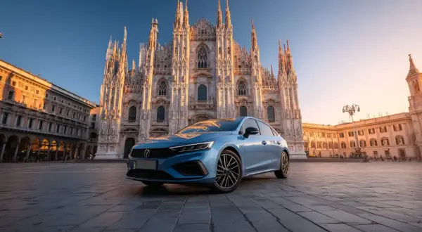 Un coche azul aparcado frente al Duomo de Milán. ¡Consejos para alquilar coche en Italia!
