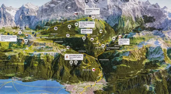 Mapa de la región de Jungfrau, Suiza, con rutas de tren y teleférico, picos como Eiger y Jungfraujoch, y pueblos como Grindelwald e Interlaken. ¡Qué ver en Suiza!