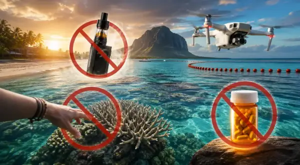 Prohibido vapear, tocar corales y traer drones o pastillas. Protege la belleza de Isla Mauricio de estos peligros.