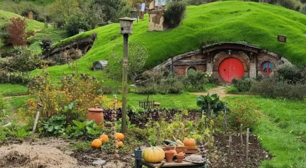 Un jardín exuberante en Hobbiton, Nueva Zelanda, con calabazas y flores, y una casa hobbit con puerta roja.
