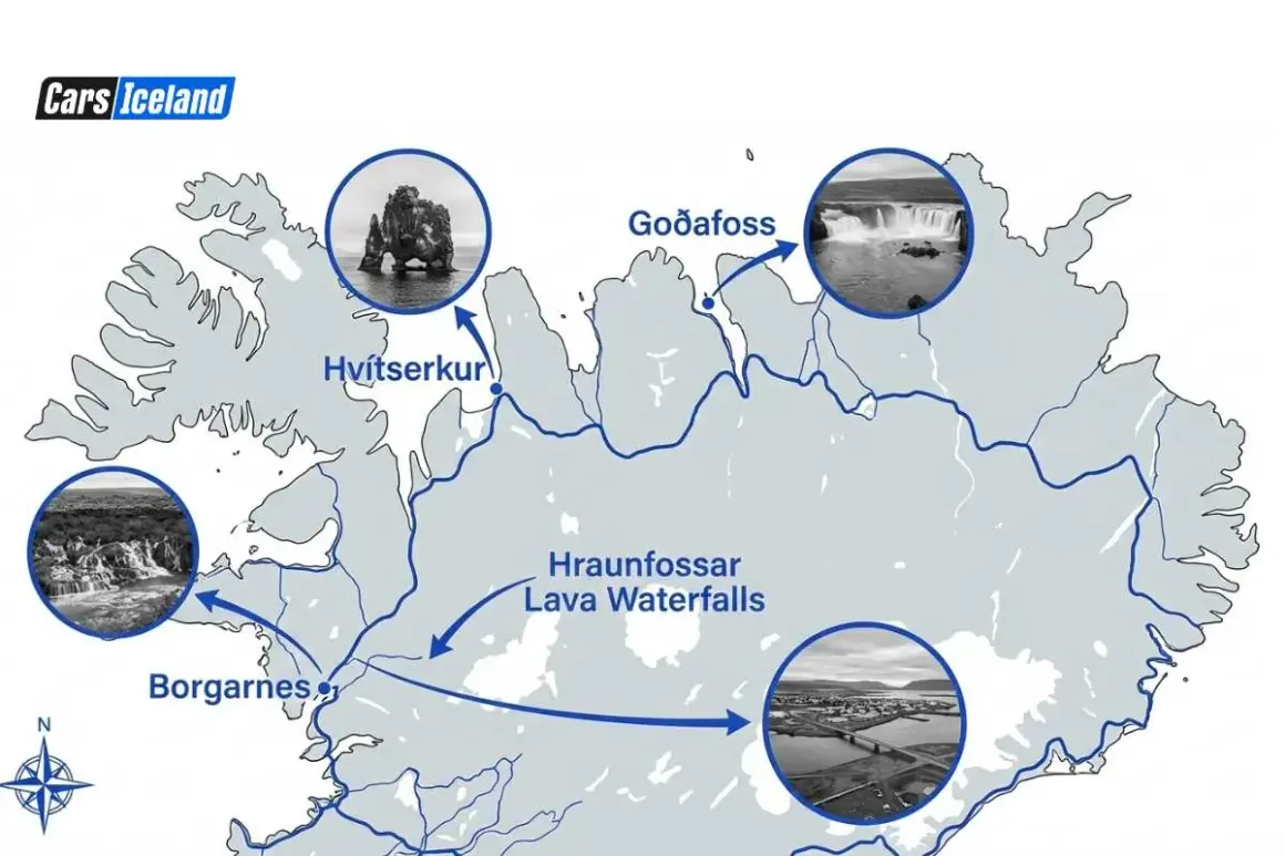 Mapa de una ruta por Islandia, mostrando Hvítserkur, Goðafoss, Hraunfossar y Borgarnes.