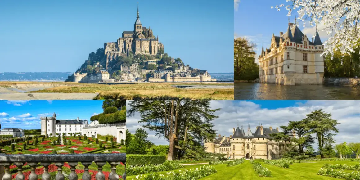 Mont Saint-Michel y otros castillos icónicos de la ruta de los castillos Francia, con jardines y paisajes impresionantes.