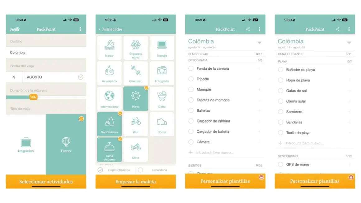 Pantallas de apps de viajes para planificar equipaje. Muestra destinos, actividades como senderismo y playa, y listas de artículos.