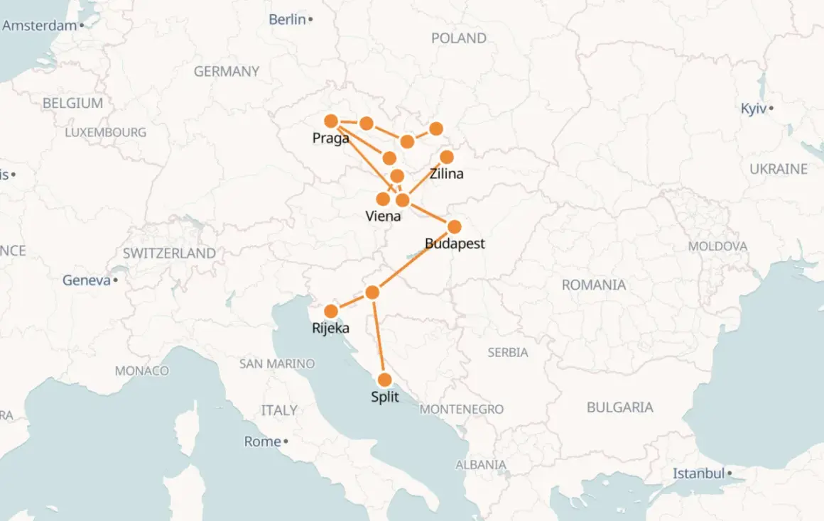 Mapa de ruta que conecta Praga, Viena y Budapest, con paradas en Zilina, Rijeka y Split.